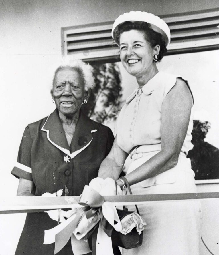 Frances J. Bright and Catherine Strong at Pompey Park pool dedication, Nov. 1956, Courtesy of Delray Beach Historical Society
