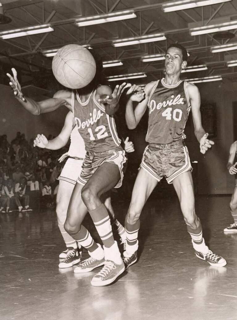 Roosevelt High basketball players Tillman(#12), Nicholson (#40) in 1970, Historical photo, Courtesy of Historical Society of Palm Beach County