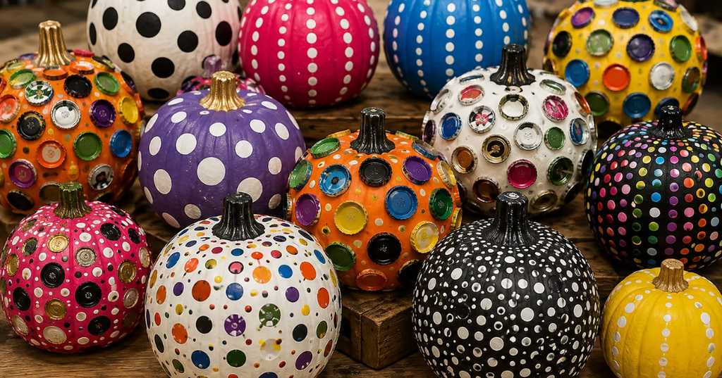 A collection of colorful pumpkins decorated with various-sized polka dots and bright patterns.