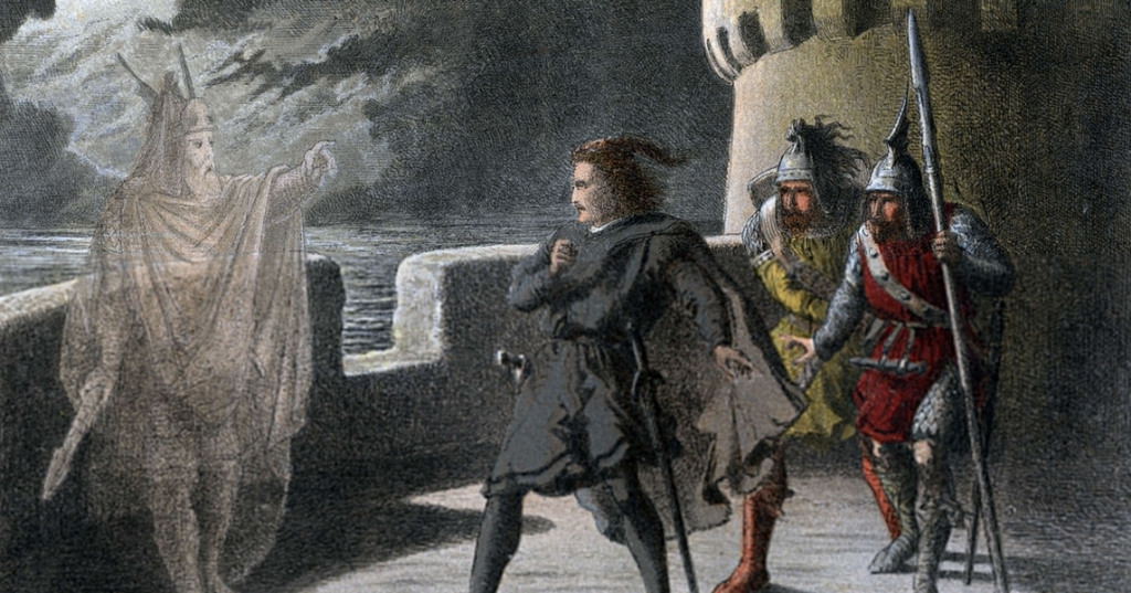 A historical depiction of a scene in Shakespeare with a ghostly figure confronting a man on a castle battlement and two armed soldiers looking on. The scene is dramatic, with dark stormy skies and waves crashing in the background.