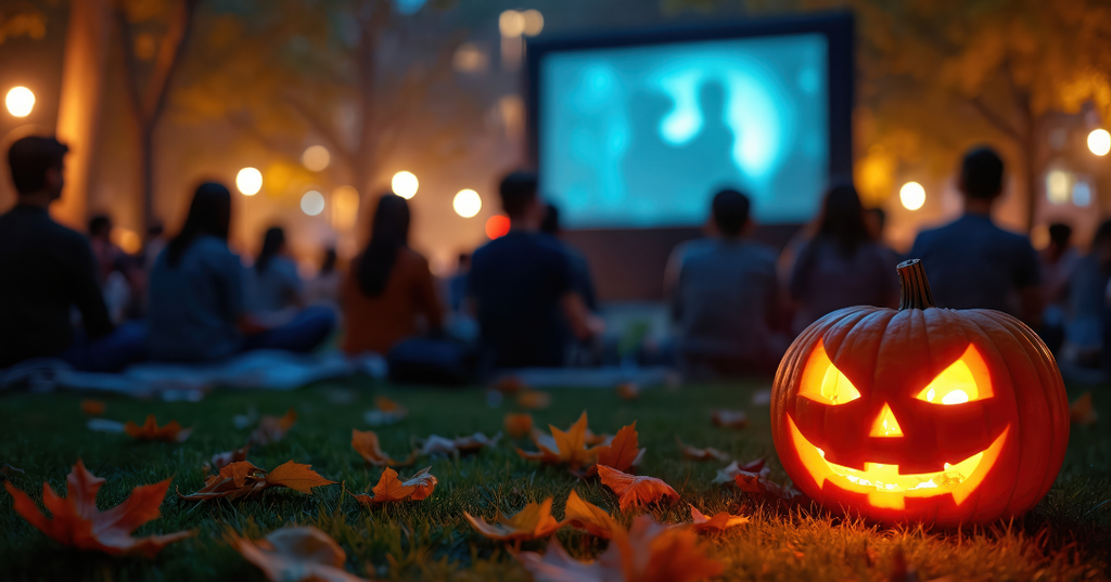 A lit jack-o'-lantern in the foreground with a haunting expression, while people watch a movie on a large screen in the background amidst autumn leaves and warm evening lights.